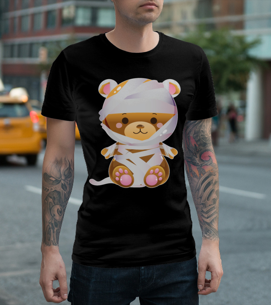 Mummy Bear Wrapped in Bandages with Cute Brown Teddy Face and Pink Paws T-Shirt