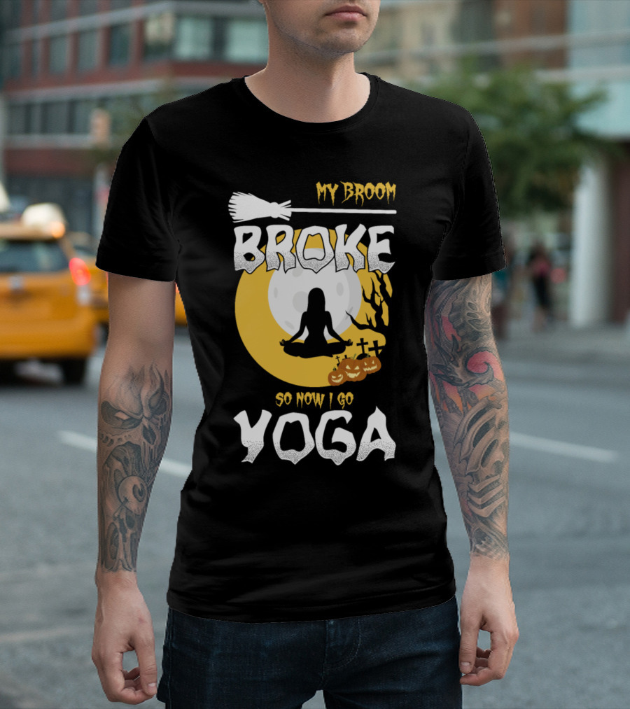 My Broom Broke So Now I Go Yoga Halloween Moon Meditation T-Shirt
