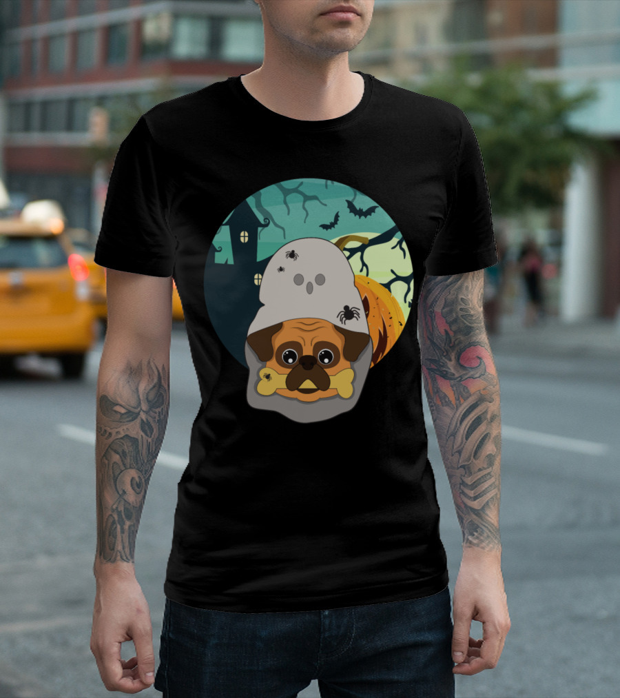 Scary Halloween Pug with Ghost Costume and Spiders in Haunted Pumpkin Patch T-Shirt