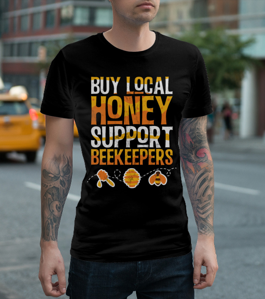 Buy Local Honey Support Beekeepers Honey Bee Icons T-Shirt