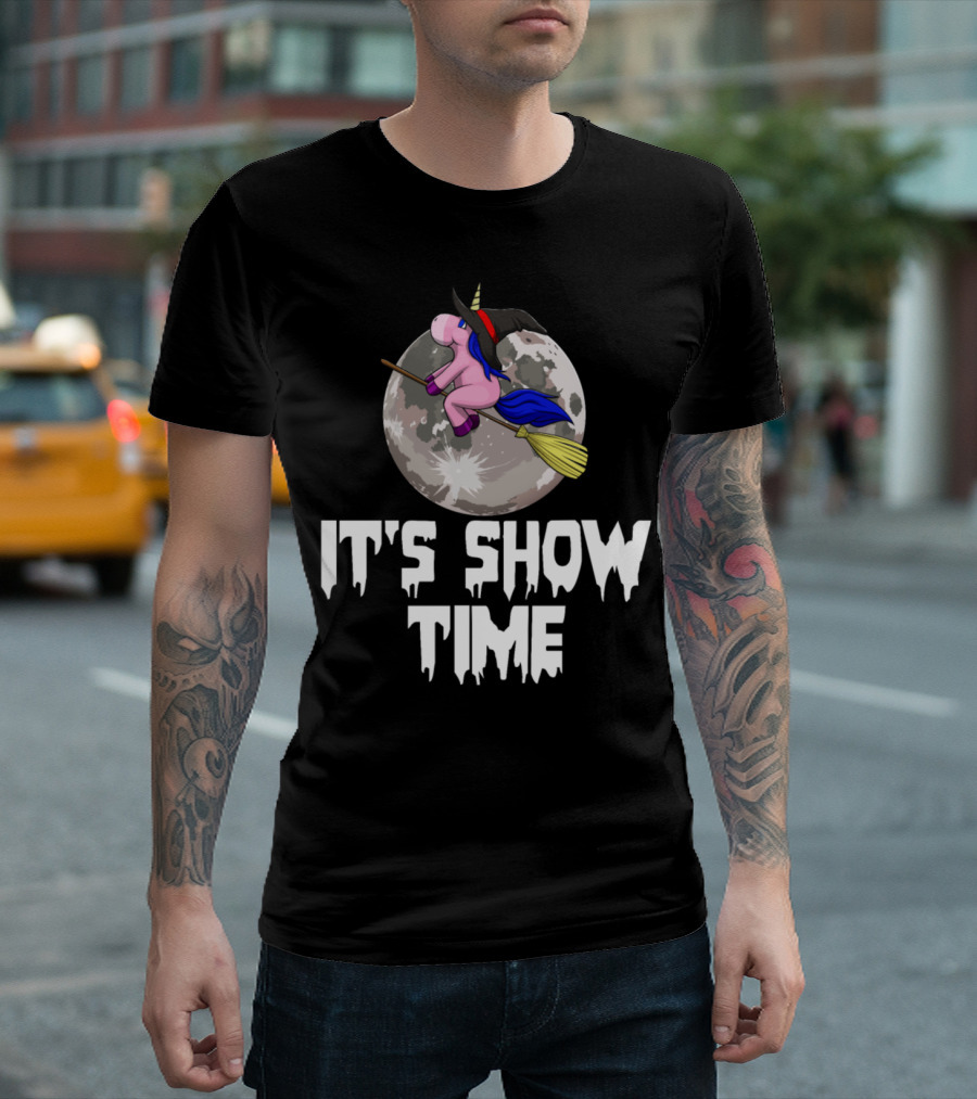 Unicorn Witch Flying on Broomstick Over Moon It's Show Time T-Shirt