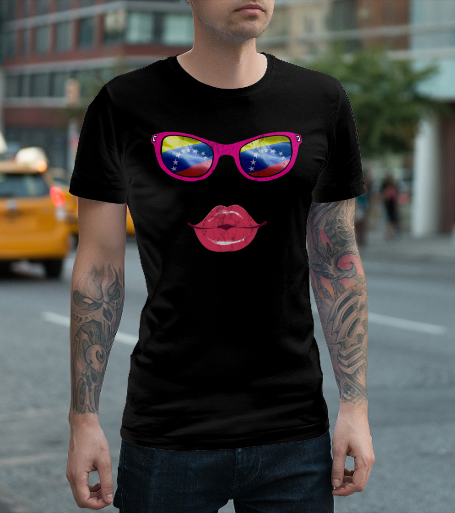 Vibrant Pink Sunglasses Reflecting Venezuelan Flag with Glossy Lips T-Shirt