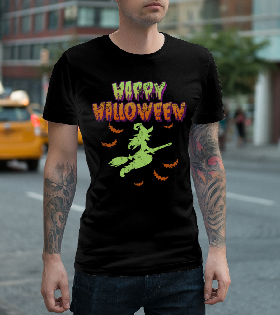 Happy Halloween Witch Broomstick Flying with Bats T-Shirt
