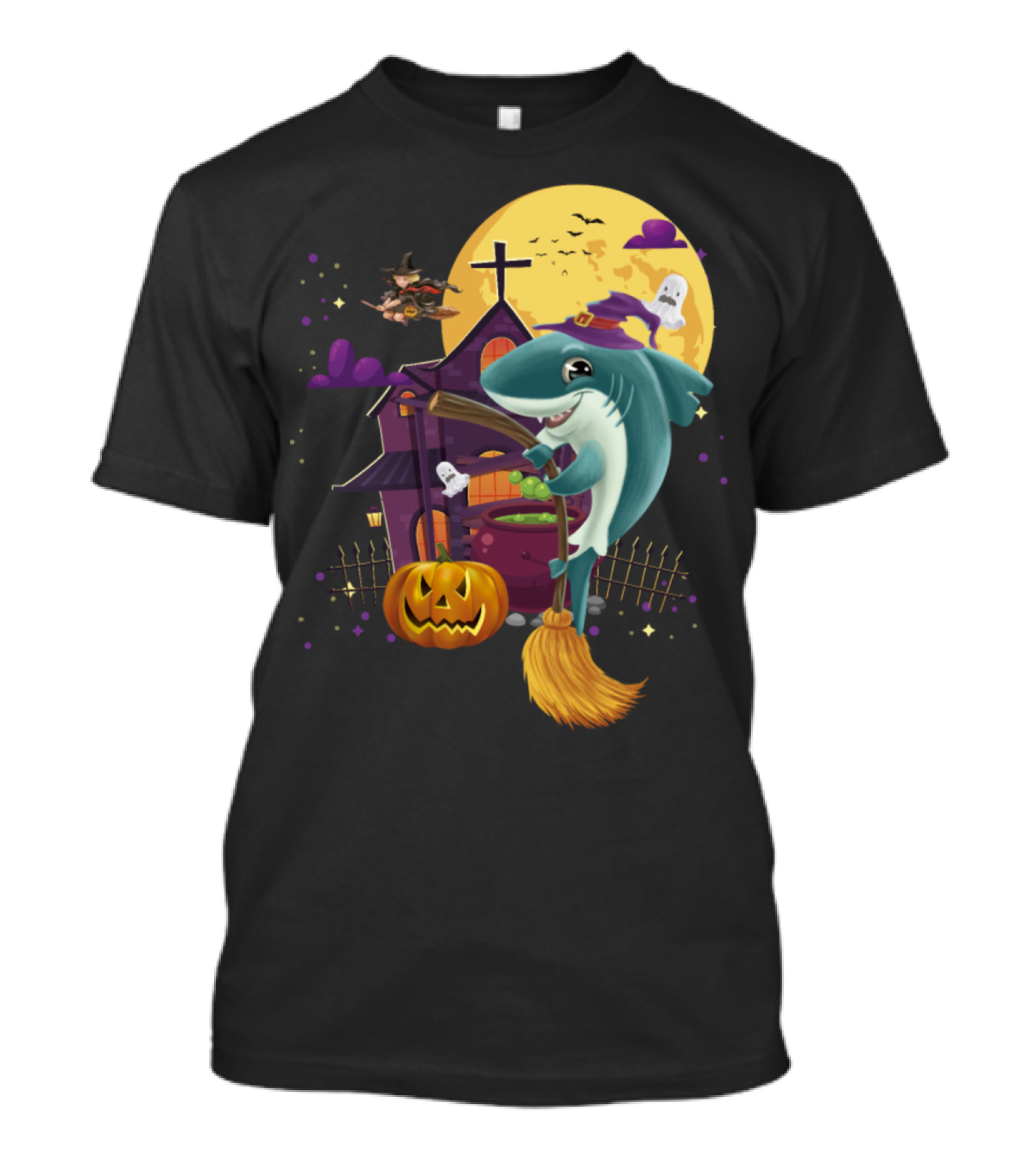 Witch Mama Shark Broom Pumpkin Haunted House Ghosts Halloween Moon T-Shirt