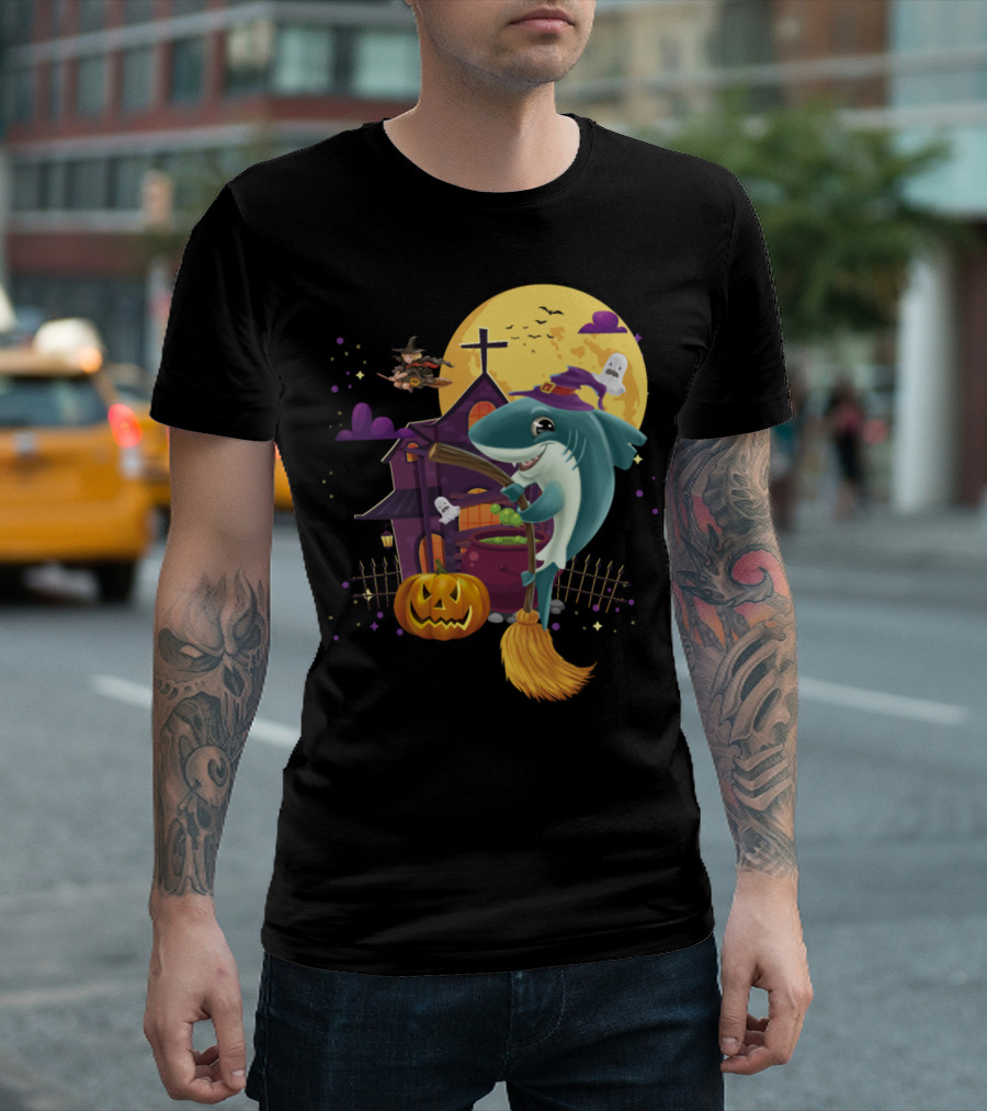 Witch Mama Shark Broom Pumpkin Haunted House Ghosts Halloween Moon T-Shirt
