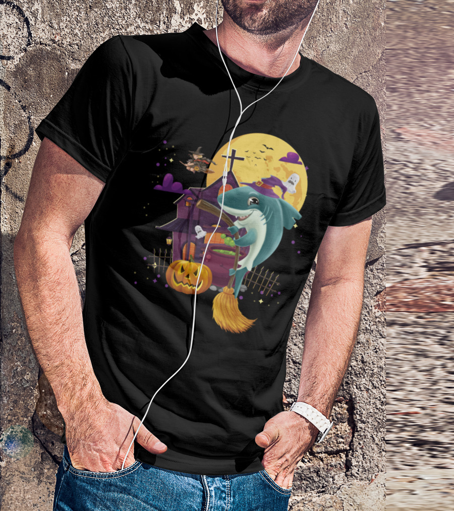 Witch Mama Shark Broom Pumpkin Haunted House Ghosts Halloween Moon T-Shirt