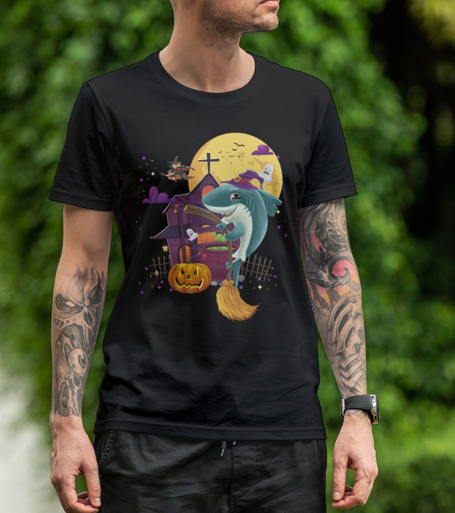 Witch Mama Shark Broom Pumpkin Haunted House Ghosts Halloween Moon T-Shirt