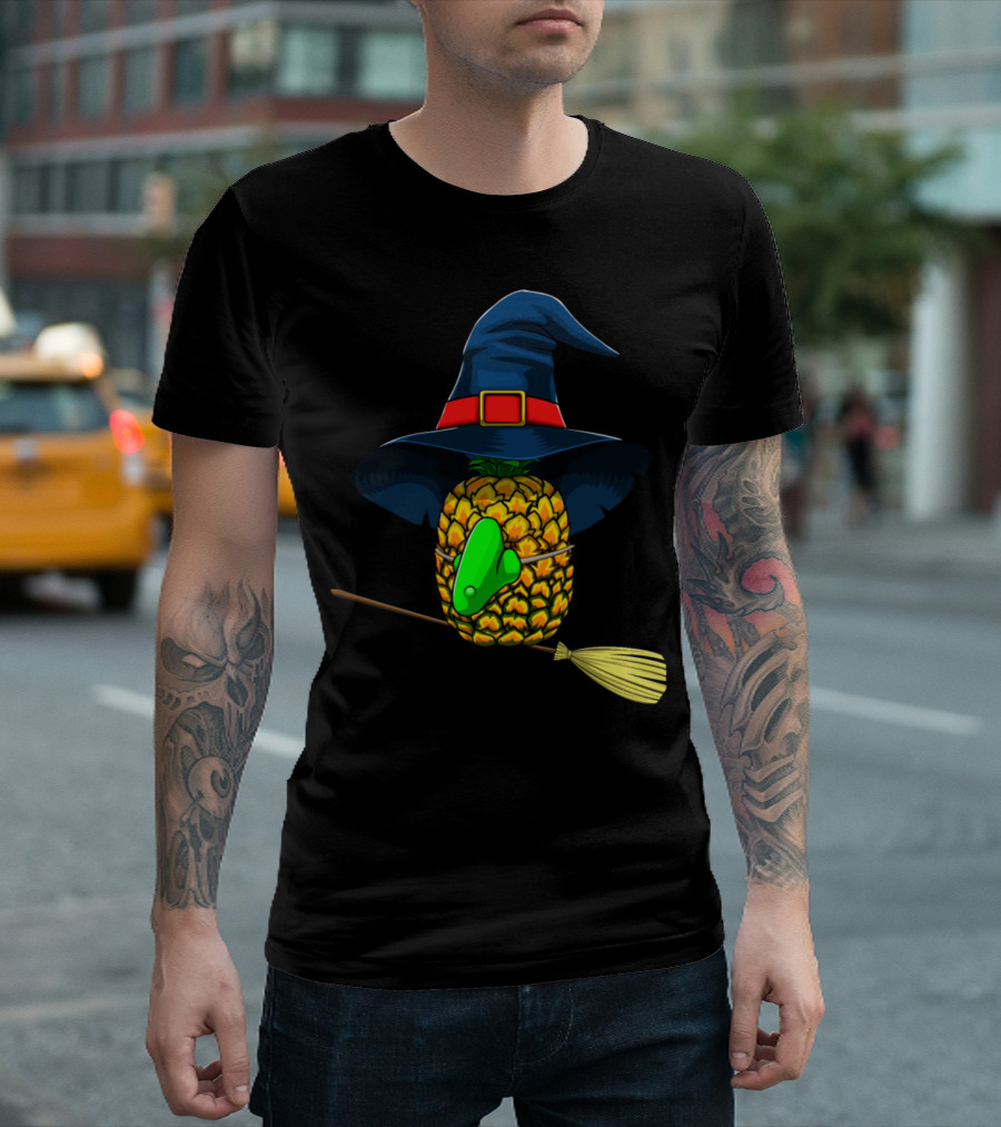 Witch Pineapple Riding Broomstick Funny Halloween Horror Scary T-Shirt