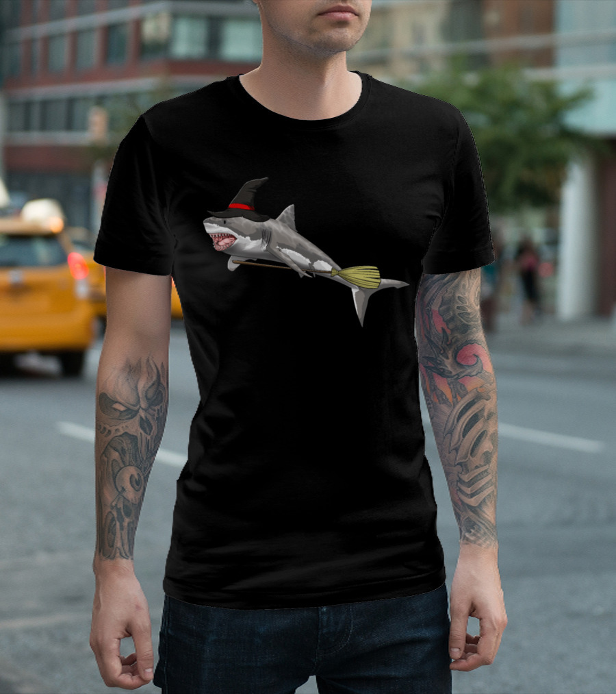Witch Shark Funny Halloween Horror Scary with Hat and Broom T-Shirt