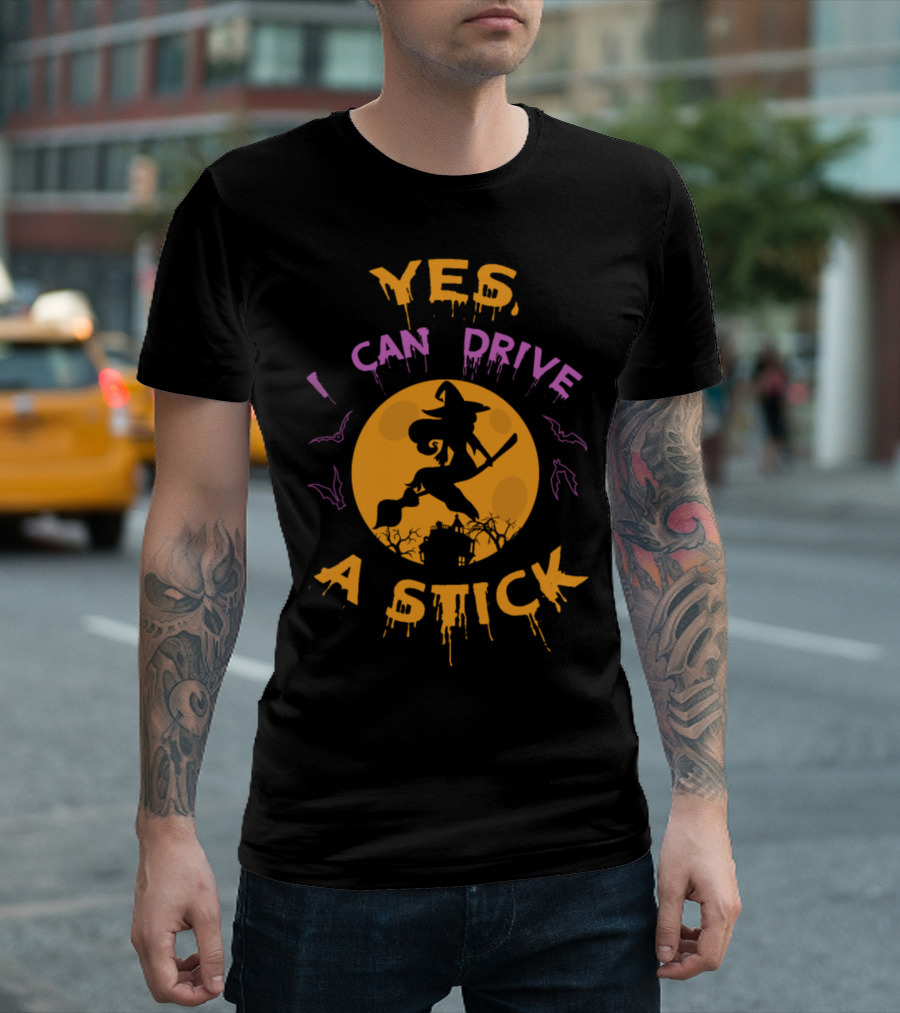 Yes I Can Drive A Stick Witch Silhouette With Moon And Bats T-Shirt