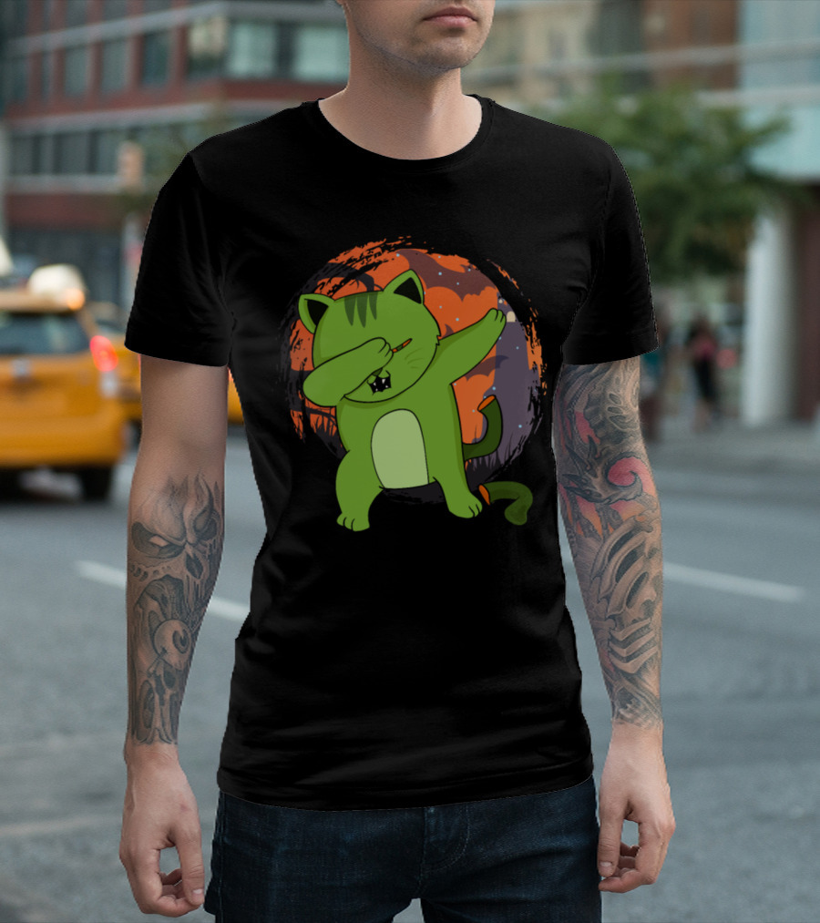 Zombie Cat Dabbing Halloween Moon Background T-Shirt