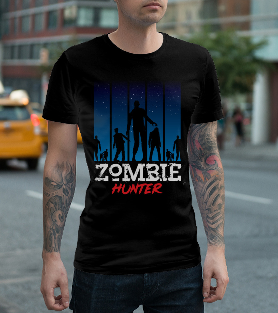 Zombie Hunter Apocalypse Silhouettes Night Sky T-Shirt