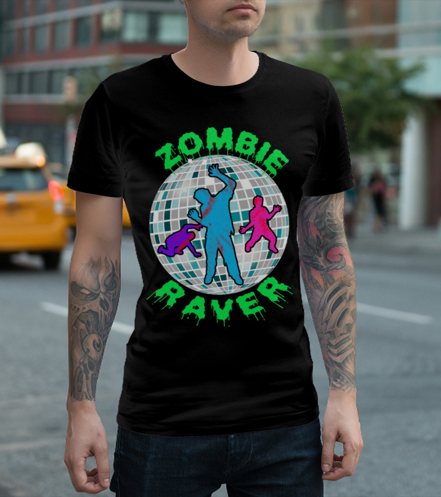 Zombie Raver Disco Dance Party with Neon Zombies on Reflective Ball T-Shirt