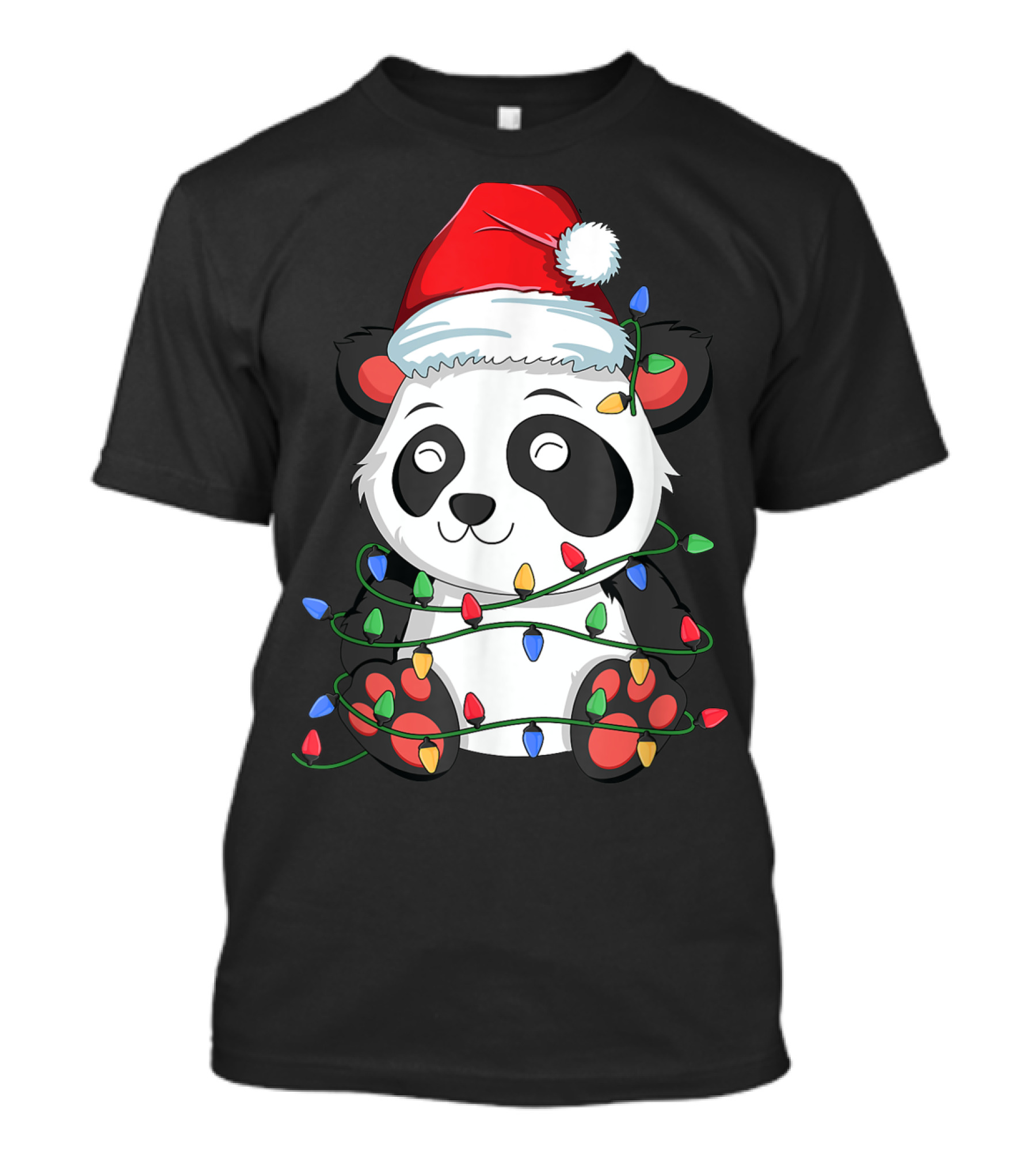 Panda Wrapped In Christmas Lights With Santa Hat For Kids Boy Xmas T-Shirt