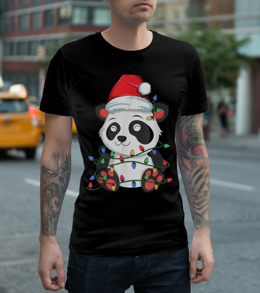 Panda Wrapped In Christmas Lights With Santa Hat For Kids Boy Xmas T-Shirt
