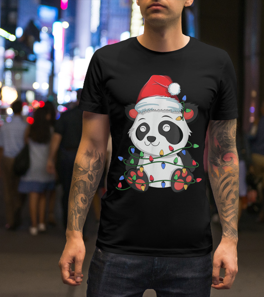 Panda Wrapped In Christmas Lights With Santa Hat For Kids Boy Xmas T-Shirt