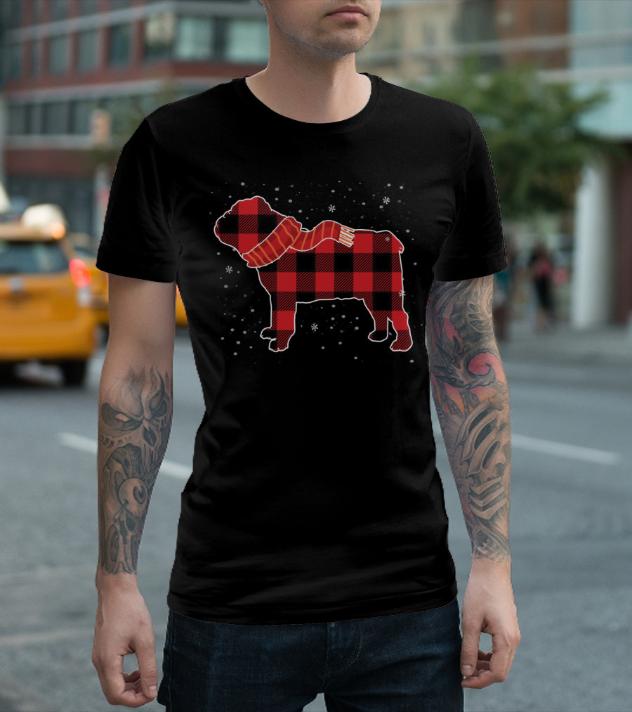 Buffalo Plaid English Bulldog Christmas Dog with Scarf T-Shirt