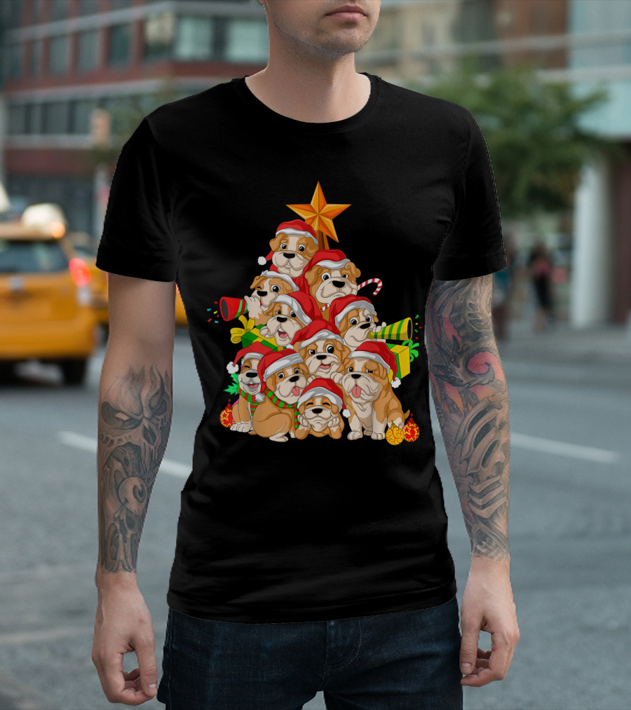 English Bulldog Christmas Tree Dog Xmas Santa Hats T-Shirt
