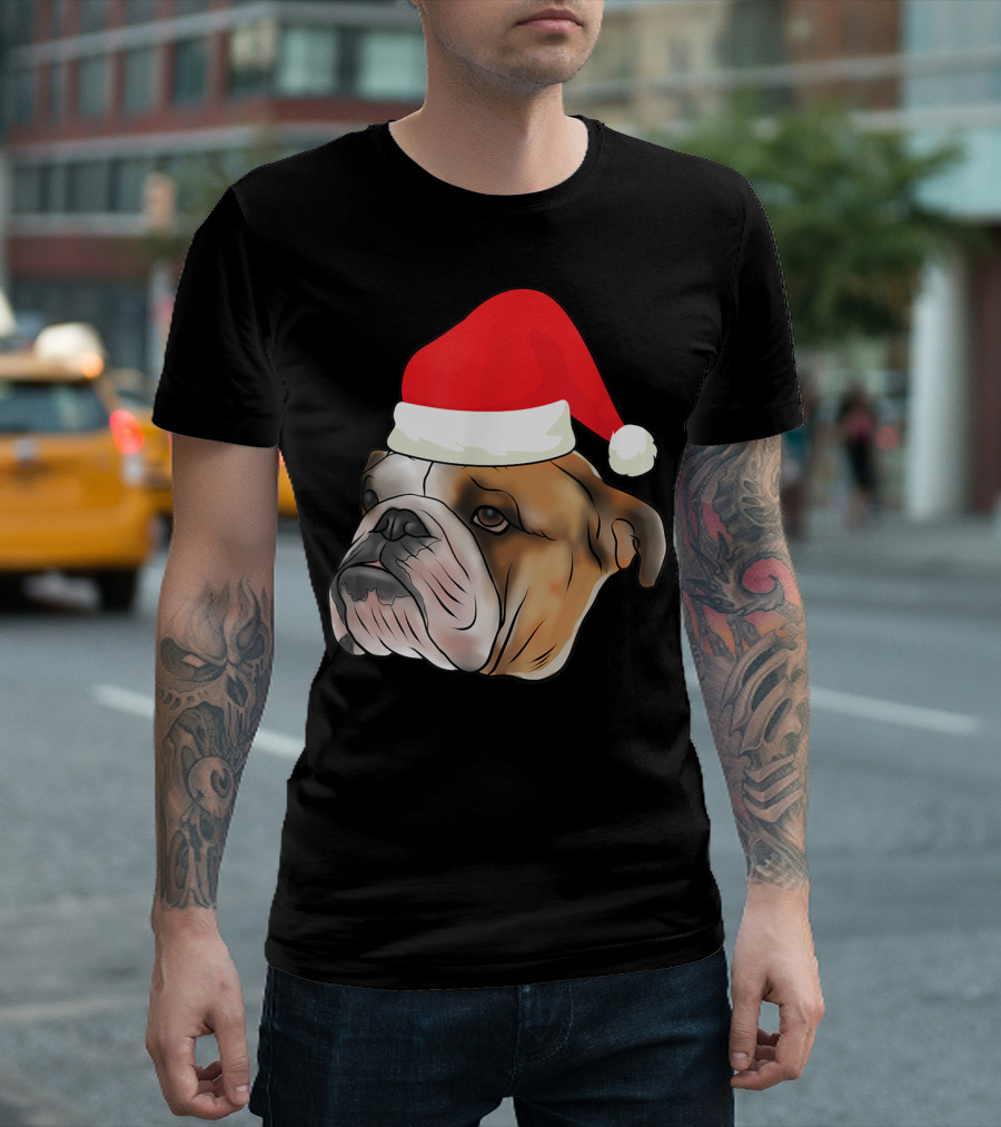 English Bulldog Wearing Santa Claus Hat T-Shirt
