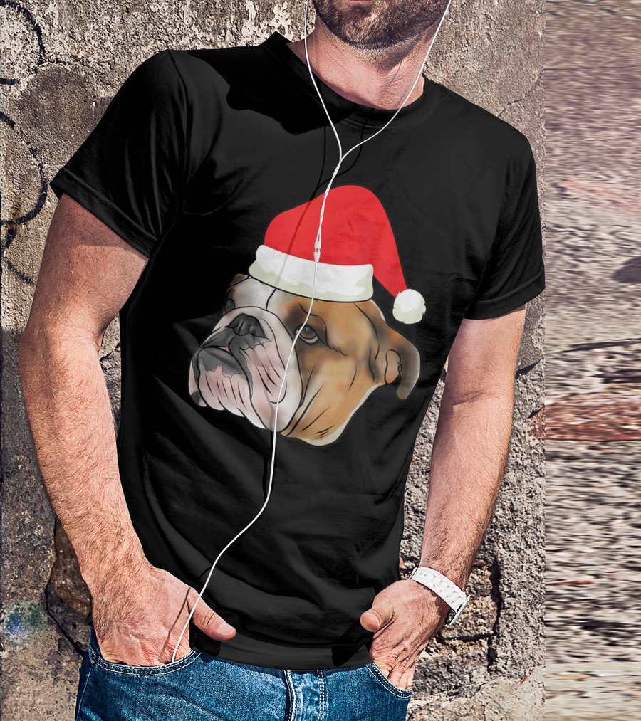 English Bulldog Wearing Santa Claus Hat T-Shirt