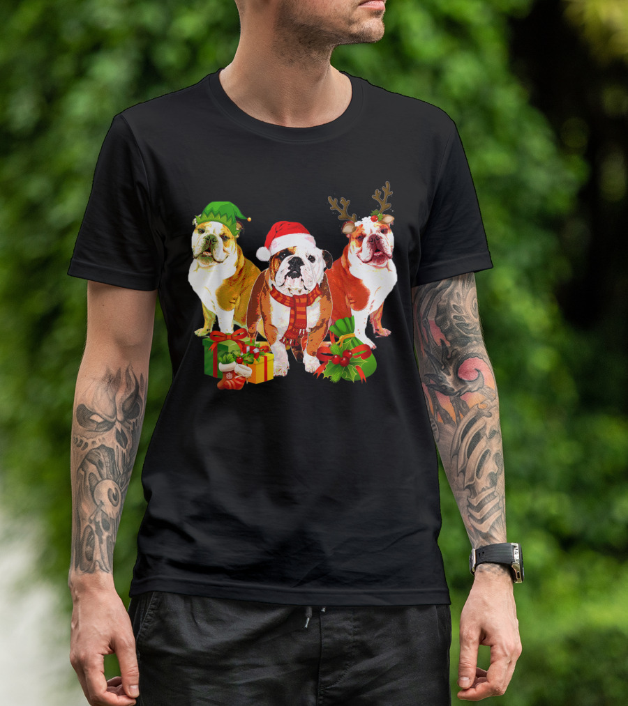 English Bulldog Christmas Santa Elf Reindeer Holiday Gifts T-Shirt