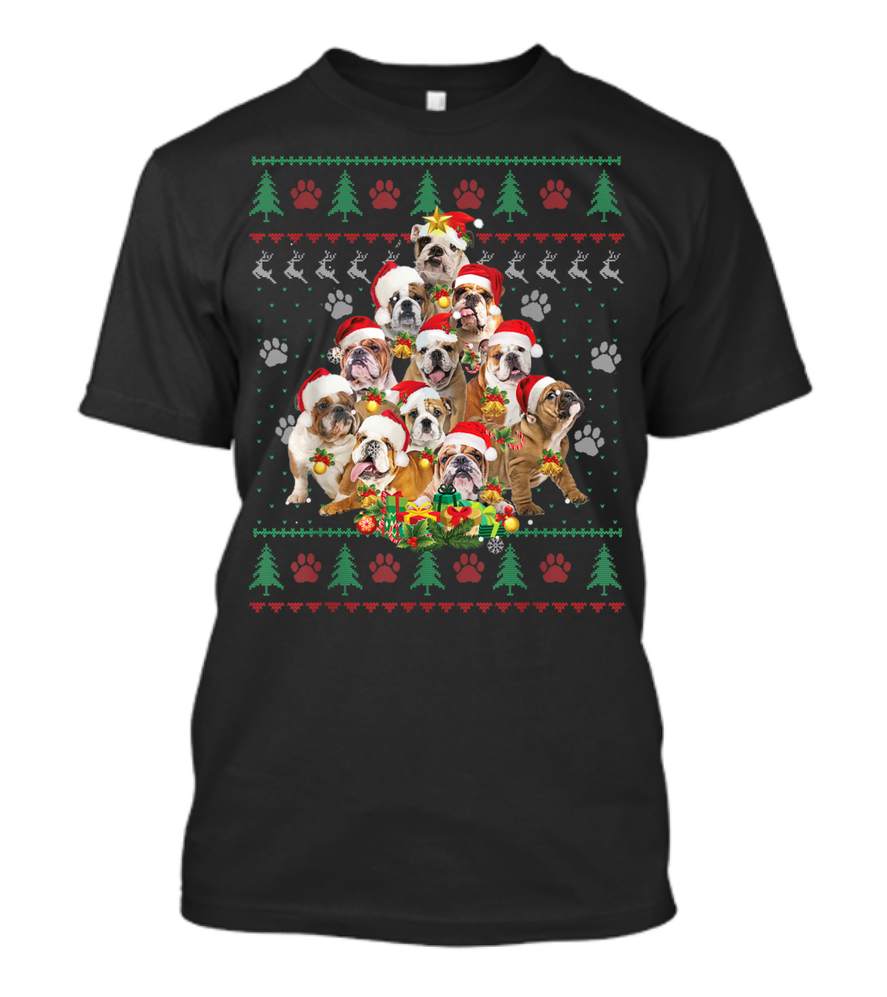 English Bulldog Christmas Tree Ugly Sweater Holiday Dogs Santa Hats T-Shirt