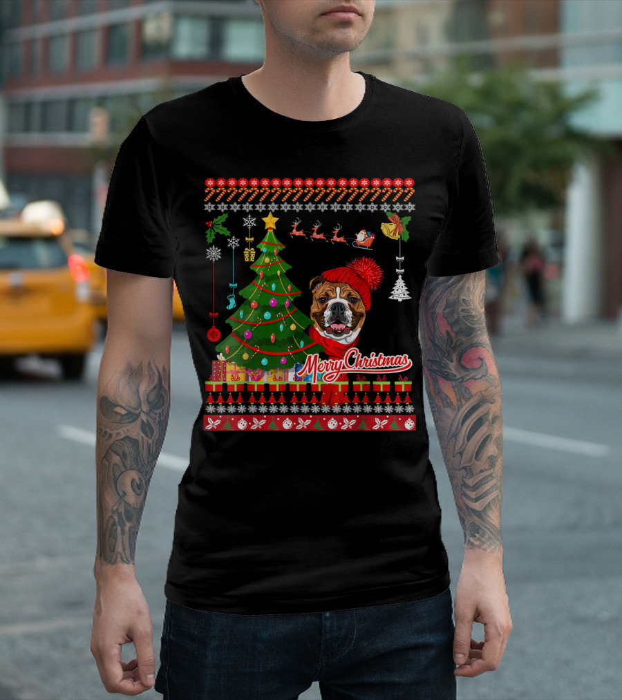 Merry Christmas English Bulldog Ugly Sweater Santa Tree T-Shirt