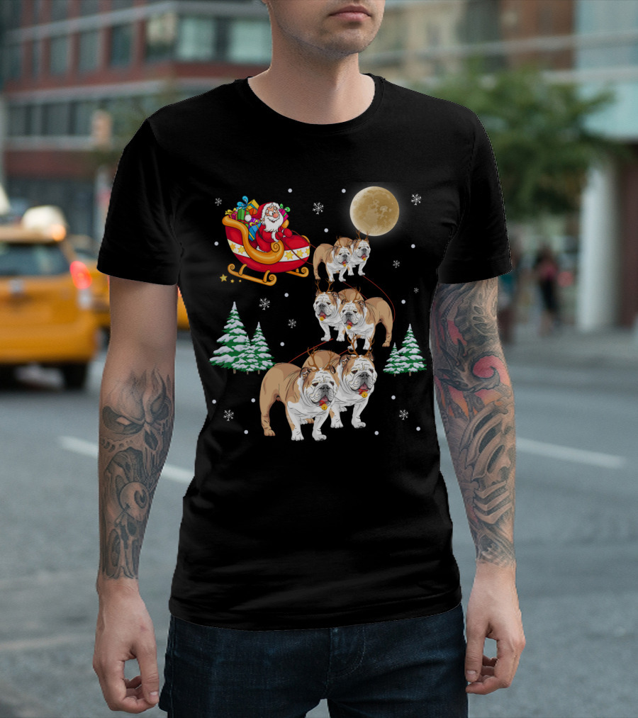 Santa Sleigh with English Bulldog Reindeer Under Full Moon T-Shirt