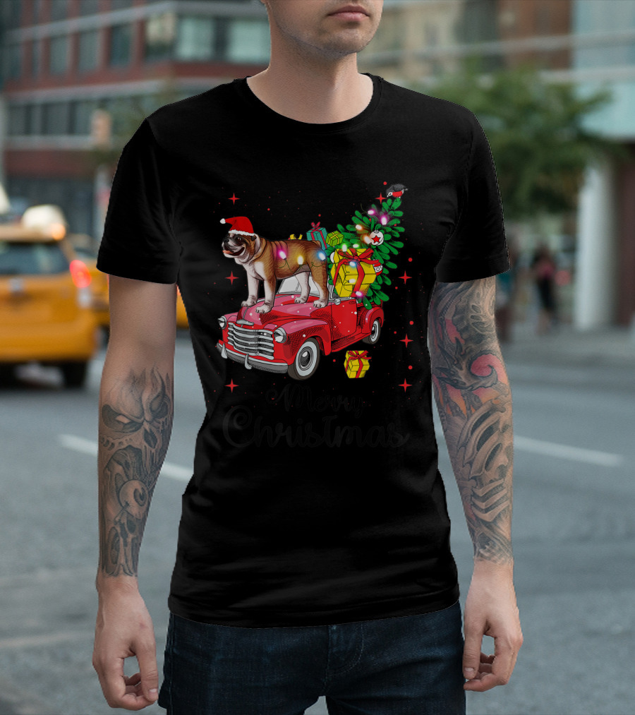 Merry Christmas English Bulldog on Red Truck with Santa Hat and Gifts T-Shirt
