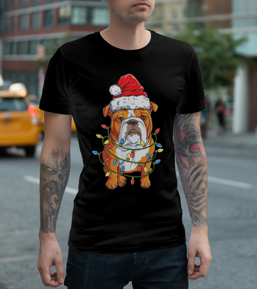 Santa English Bulldog Wrapped in Christmas Tree Lights T-Shirt