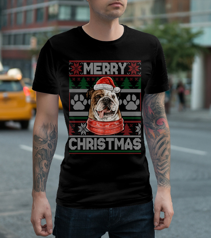 Merry Christmas English Bulldog Santa Hat Ugly T-Shirt