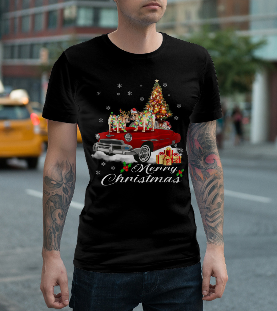 Merry Christmas English Bulldogs on Vintage Red Truck with Santa and Christmas Tree T-Shirt