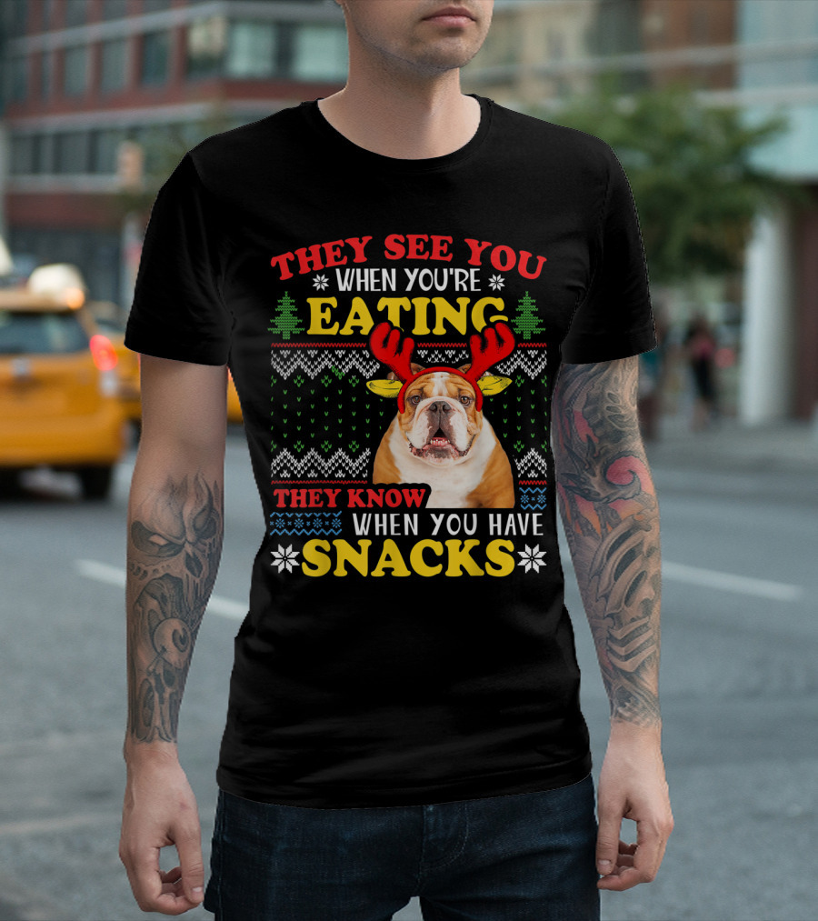 They See You When You're Eating Snacks English Bulldog Christmas T-Shirt