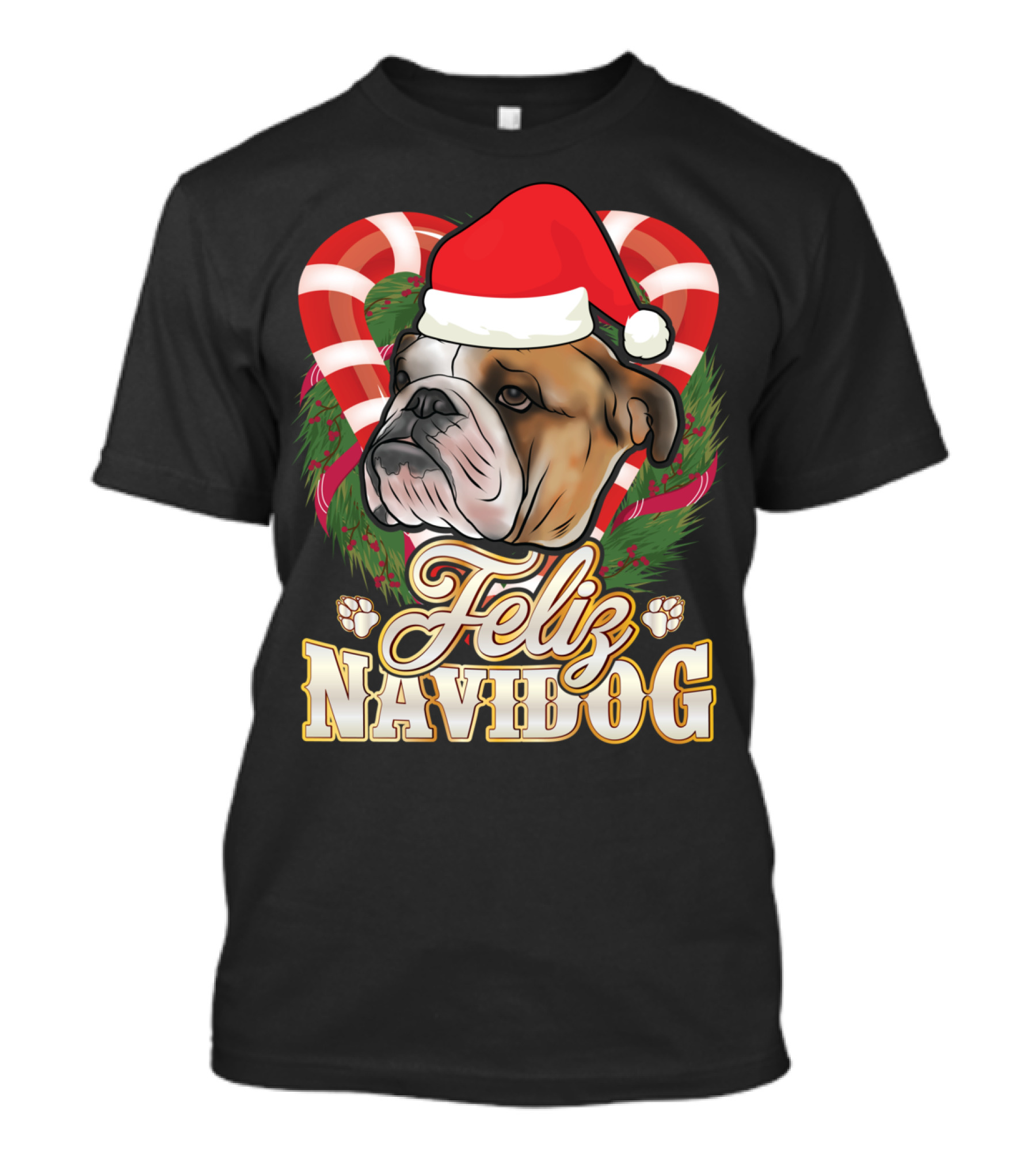 Feliz Navidog English Bulldog Santa Claus Christmas Candy Canes Paw Prints T-Shirt