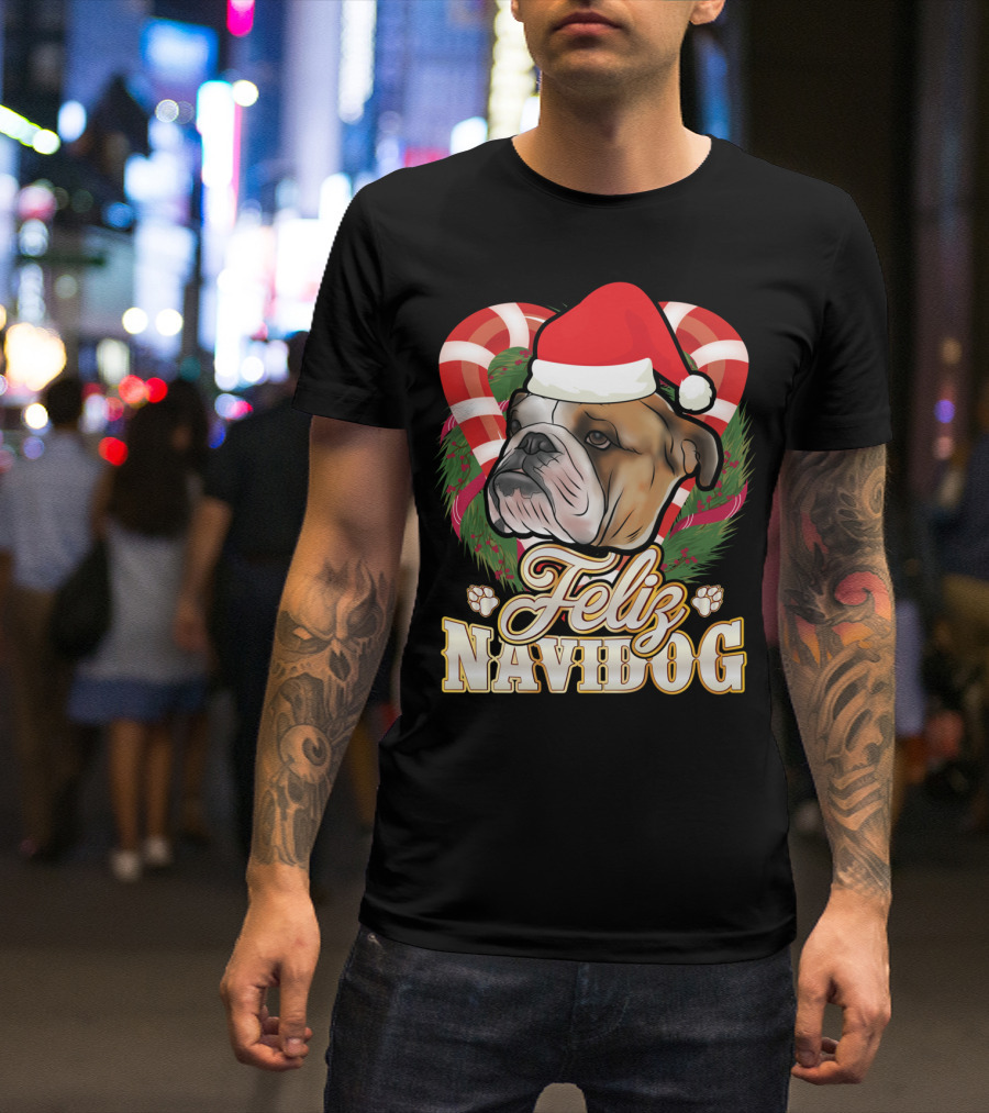 Feliz Navidog English Bulldog Santa Claus Christmas Candy Canes Paw Prints T-Shirt