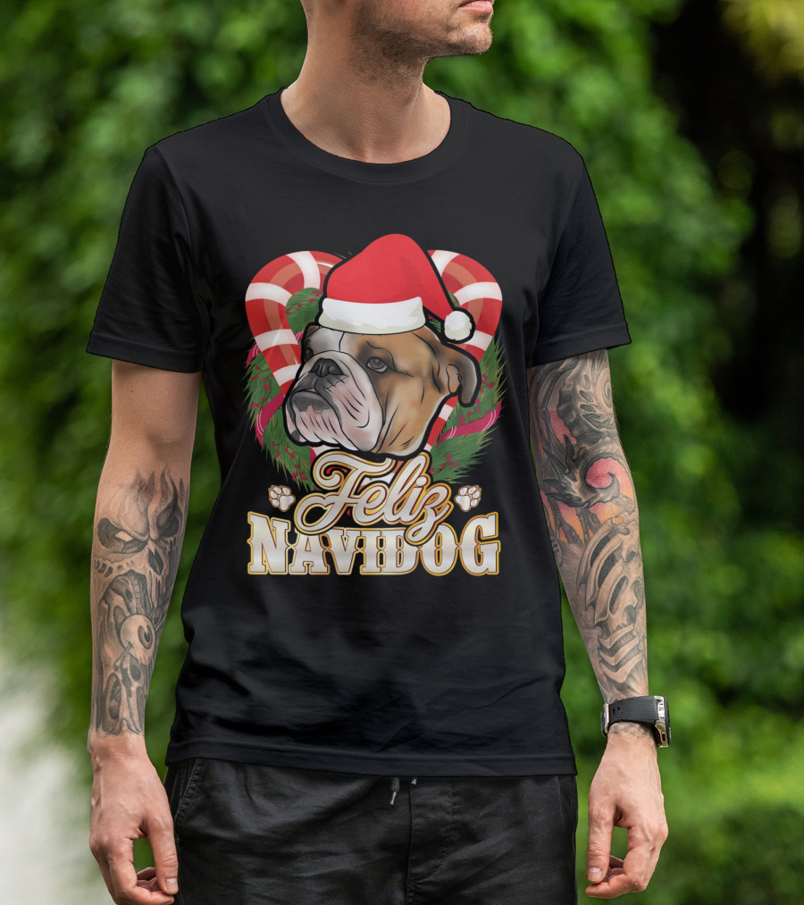 Feliz Navidog English Bulldog Santa Claus Christmas Candy Canes Paw Prints T-Shirt