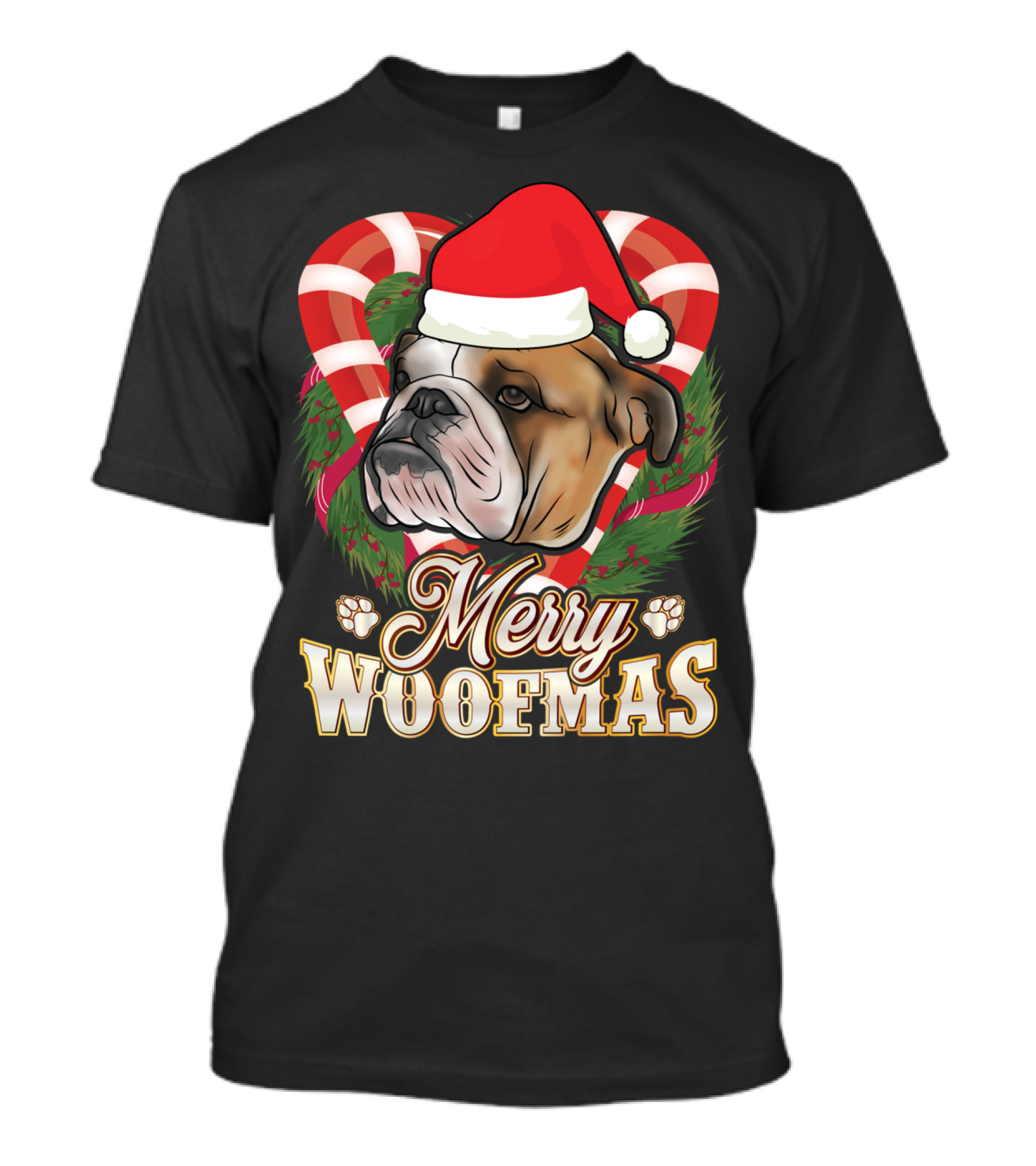 Merry Woofmas English Bulldog Santa Hat Candy Canes T-Shirt