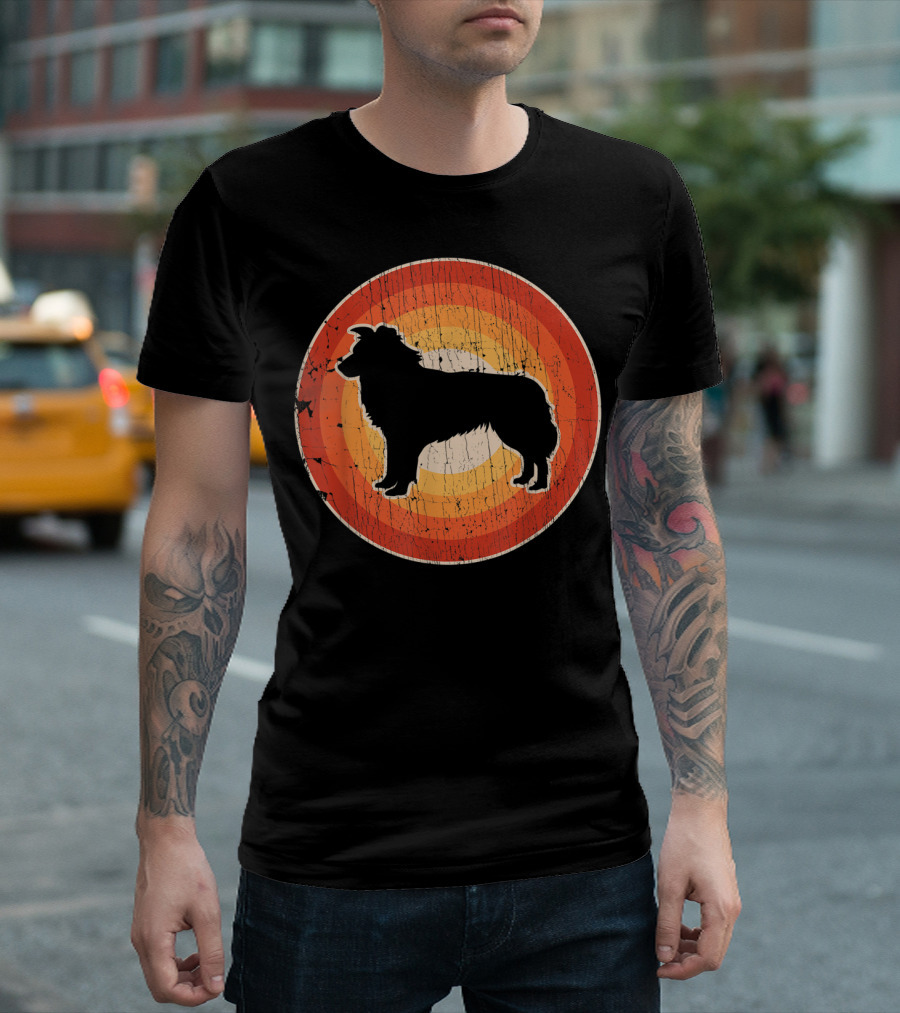 Border Collie Silhouette Retro Circle Vintage Style 60s 70s T-Shirt