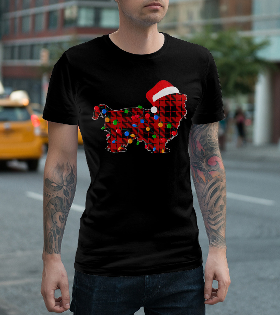 Shih Tzu Red Plaid Christmas Lights Santa Hat T-Shirt