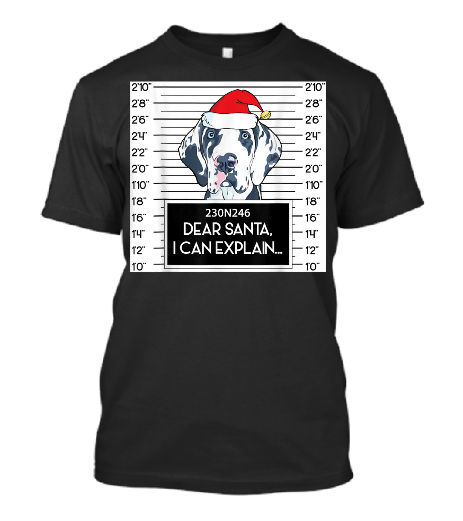 Great Dane In Santa Hat Mugshot Dear Santa I Can Explain T-Shirt