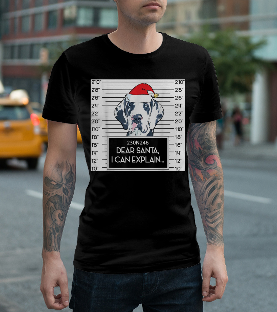 Great Dane In Santa Hat Mugshot Dear Santa I Can Explain T-Shirt