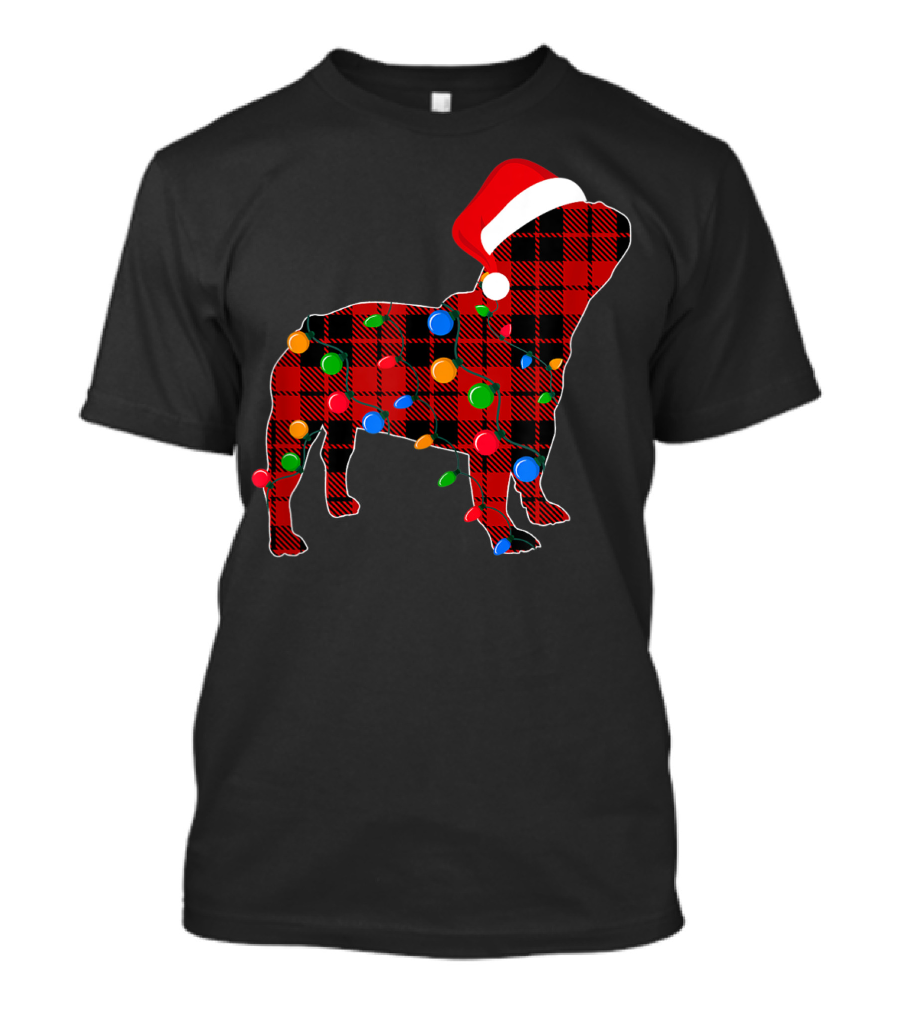 French Bulldog Red Plaid Christmas Lights With Santa Hat T-Shirt