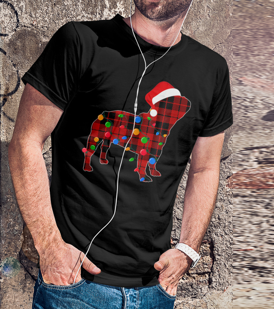French Bulldog Red Plaid Christmas Lights With Santa Hat T-Shirt