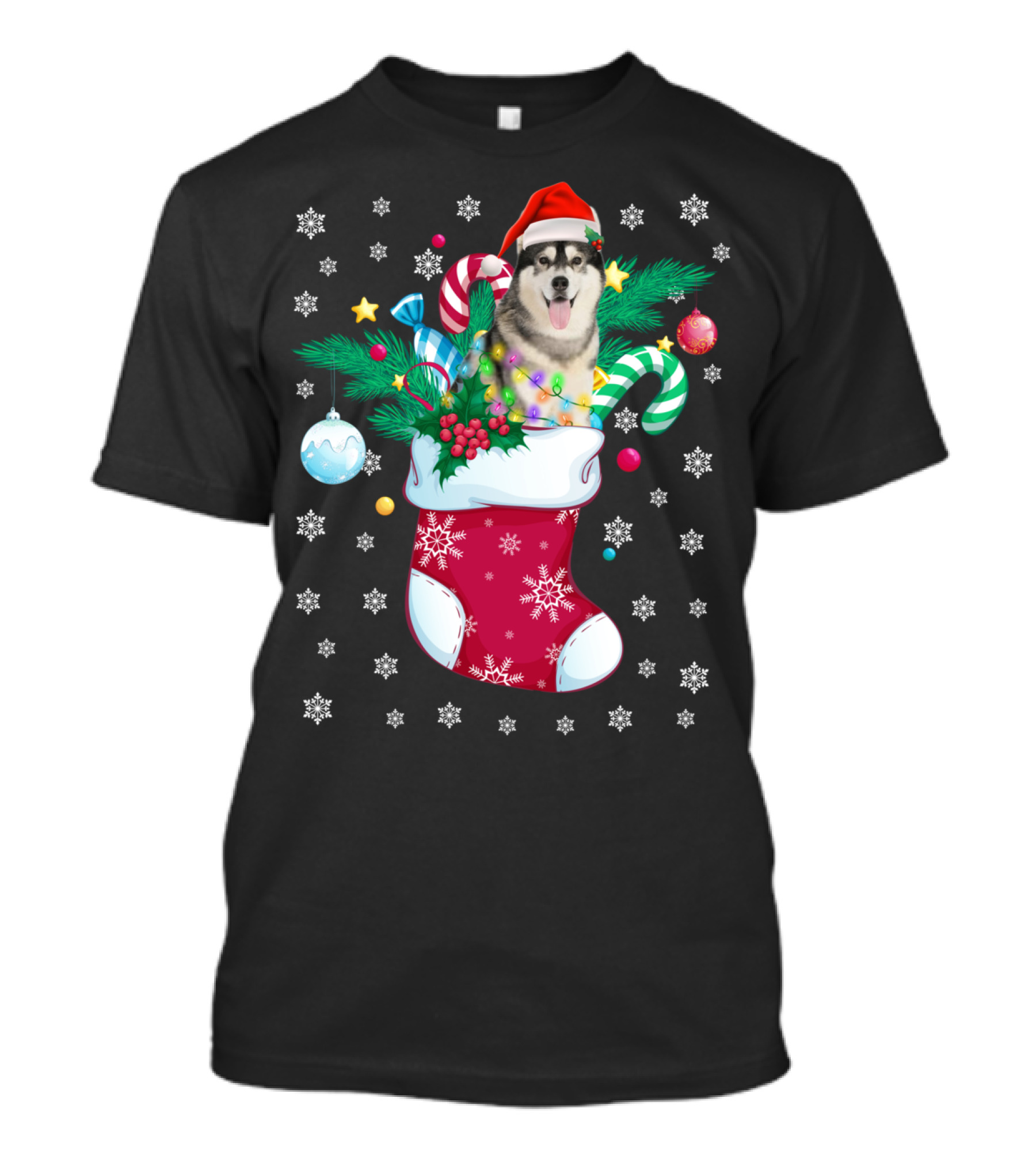 Funny Christmas Siberian Husky In Santa Hat With Candy Canes And Snowflakes T-Shirt