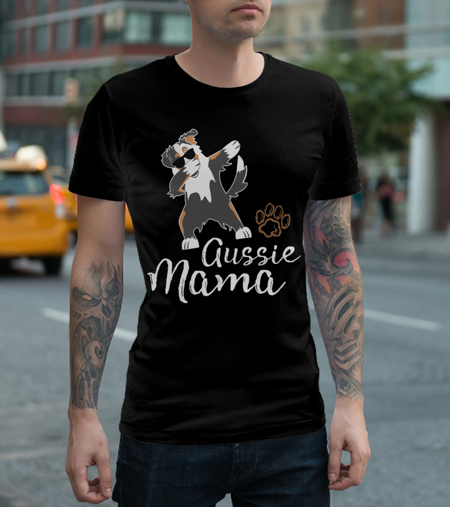 Funny Dabbing Aussie Mama Australian Shepherd Dog with Paw Prints T-Shirt