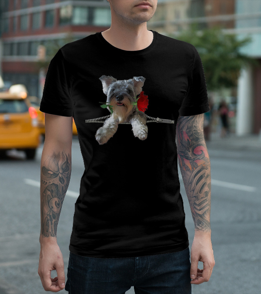 Funny Miniature Schnauzer With Rose and Zipper T-Shirt