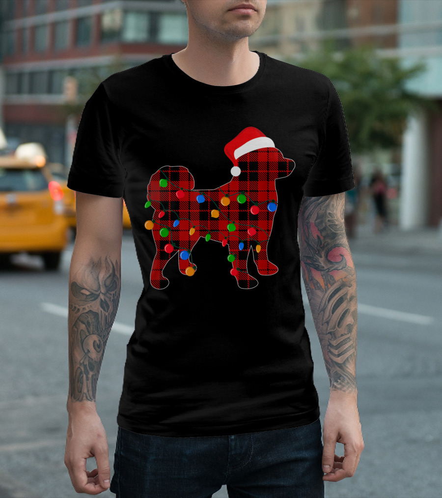 Shiba Inu Red Plaid Christmas Lights Dog With Santa Hat T-Shirt