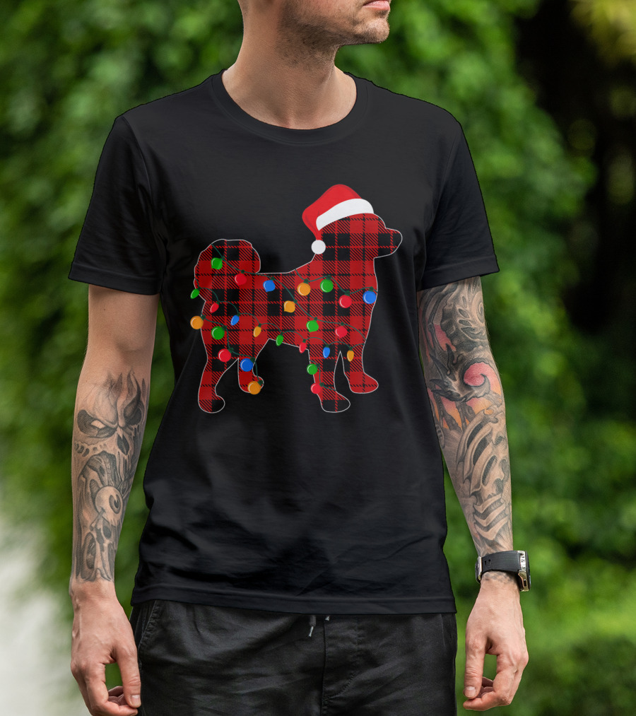 Shiba Inu Red Plaid Christmas Lights Dog With Santa Hat T-Shirt