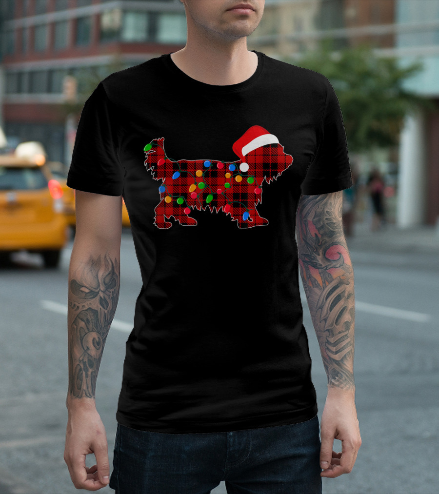 Yorkshire Terrier Red Plaid Dog Santa Hat Christmas Lights T-Shirt