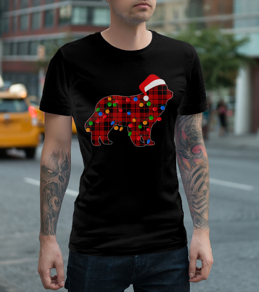 Newfoundland Red Plaid Dog with Santa Hat and Christmas Lights T-Shirt